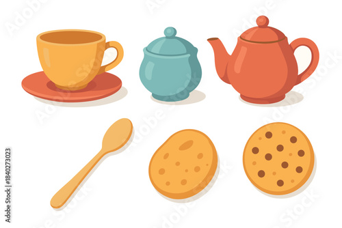 Collection of various breakfast and tea time items, including a colorful cup, teapot, sugar bowl, spoon, and delicious cookies, presented in a charming flat illustration style.
