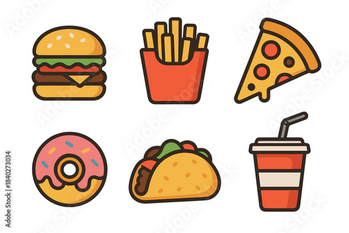 Fast food items collection featuring hamburger, fries, pizza slice, donut, taco, and soda cup icons in a vibrant, modern flat design style.