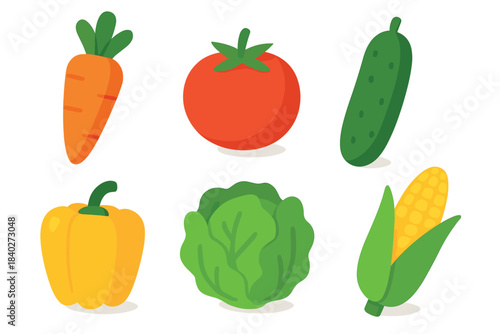 Fresh colorful healthy organic farm garden vegetables are depicted in a vibrant, flat design illustration, perfect for promoting healthy eating and nutrition.