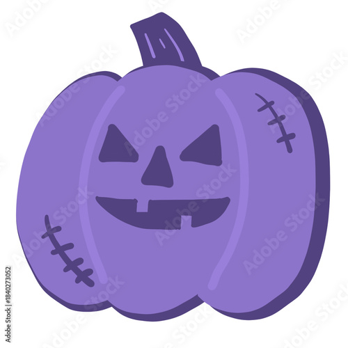 Cute purple Halloween pumpkin with a smiling carved face, simple cartoon style, perfect for festive decorations, kids art, stickers, and holiday graphics.