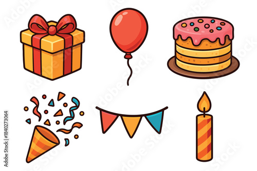 Party birthday celebration festive elements set collection of colorful cartoon illustrations including a gift, cake, balloon, and confetti for joyous occasions.
