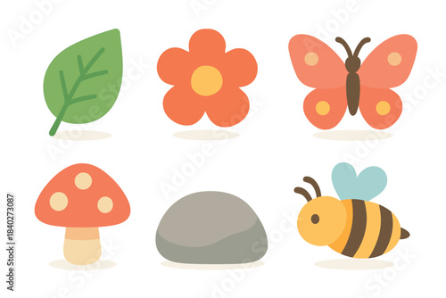 Cute nature elements collection featuring a leaf, flower, butterfly, mushroom, rock, and bee in a simple, friendly illustration style.