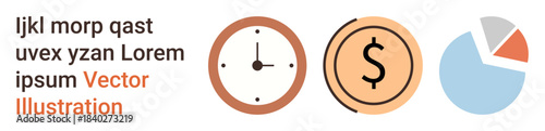 Time management, financial planning, data analysis, productivity, workflow optimization, business strategy. A clock, a dollar sign and a pie chart. Financial planning and time management concepts