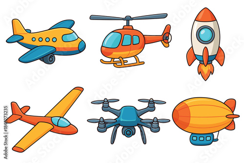 This collection of various flying vehicles features colorful cartoon illustrations of airplanes, a helicopter, a rocket, a drone, and an airship.