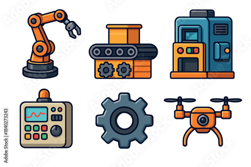 Industrial automation technology icons including robotic arm, conveyor belt, and drone represent modern manufacturing processes and advanced engineering solutions.