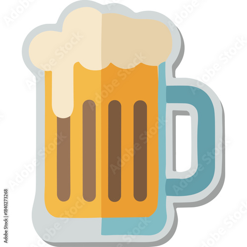 Stylized Icon of a Tall Glass Mug Filled with Golden Amber Beer and Frothy White Foam on Top With a Blue Handle Against a Transparent Background