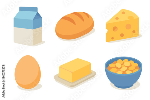 Essential breakfast and dairy food items collection features milk, bread, cheese, egg, butter, and cereal in a charming flat isometric style.