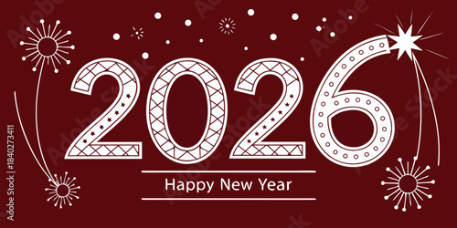 Festive Happy New Year 2026 composition with sparkling numbers and stars over a bright red background, suited for seasonal greeting banner layouts.