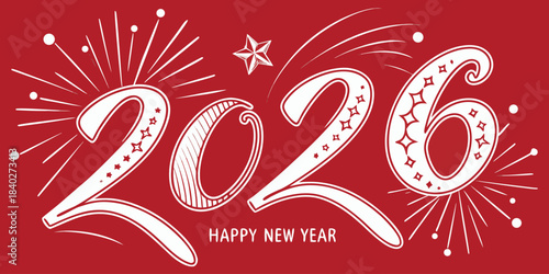 Sparkling 2026 New Year numbers with bright star accents on bold red background, perfect for festive seasonal banners and greeting card templates.