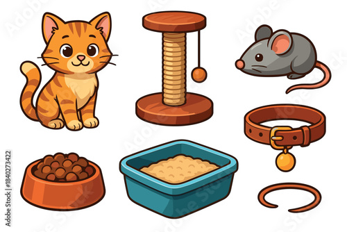 Cute cartoon cat and its essential accessories including food, litter box, and scratching post, perfect for pet care illustrations.