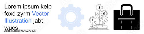 Business innovation, financial growth, corporate strategy, productivity, professional tools, economic planning. A gear, money plant and briefcase icon in minimal style. Business innovation