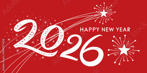 Beautiful Happy New Year 2026 design featuring shimmering numbers and stars on vivid red background, ideal for modern winter holiday greeting artwork.