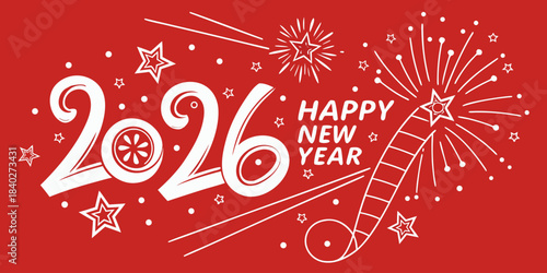 Happy New Year 2026 sparkling numbers with glowing stars on bright red background, creating a modern festive layout for seasonal holiday greeting designs.