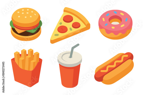 Delicious fast food items collection in isometric style, featuring popular snacks like burgers, pizza, fries, hot dogs, donuts, and soda.