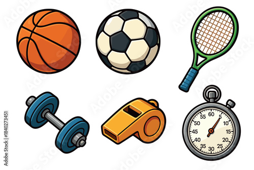 Various sports equipment items including balls, racket, dumbbell, whistle, and stopwatch are displayed in a colorful cartoon style, representing different athletic activities and fitness.