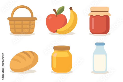 Various grocery items, food products, and picnic essentials are neatly arranged in a charming flat illustration style, showcasing common household provisions and healthy snacks.