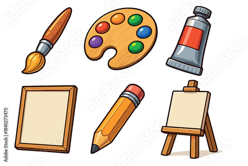 Art supplies and painting tools are neatly arranged, showcasing a vibrant collection of creative instruments for artists and students.