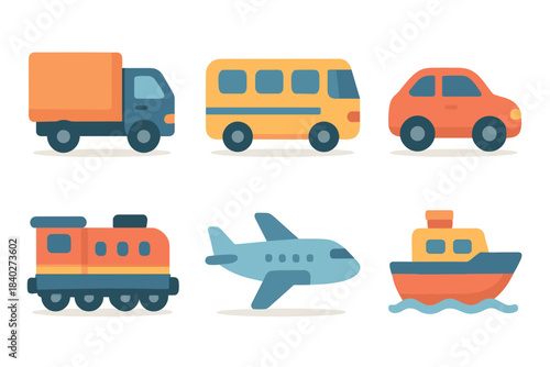 Various cartoon transportation vehicles including a truck, bus, car, train, airplane, and boat, depicted in a charming flat design style.
