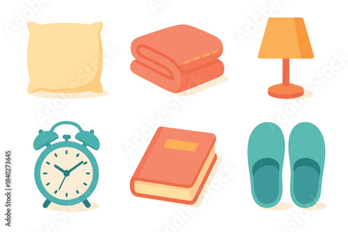 Bedroom essentials and cozy items for home comfort are neatly arranged in a colorful flat lay illustration, perfect for lifestyle and relaxation themes.