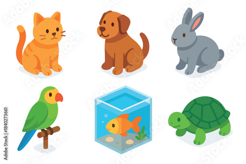 Cute cartoon domestic pets animals collection features various adorable creatures like a cat, dog, rabbit, parrot, goldfish, and turtle in a simple isometric style.
