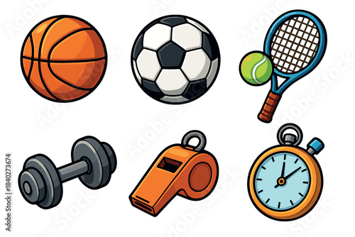 Various sports equipment items including a basketball, soccer ball, tennis racket, dumbbell, whistle, and stopwatch are neatly arranged, representing different athletic activities and fitness.