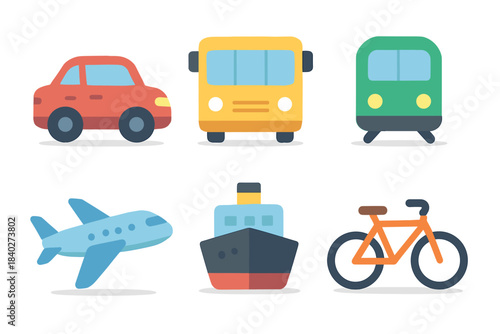 Different transportation vehicles and travel methods are presented as a set of colorful flat design icons, representing various ways to move across land, air, and sea.