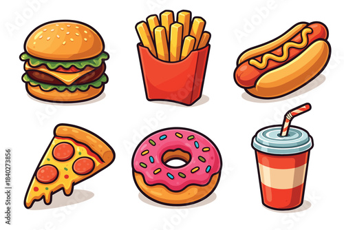 Delicious fast food items, including a burger, fries, hot dog, pizza, donut, and soda, are presented as a vibrant and appealing collection of popular treats.