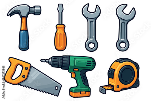 Various cartoon construction tools collection for home repair and DIY projects, including a hammer, screwdriver, wrenches, saw, drill, and tape measure.
