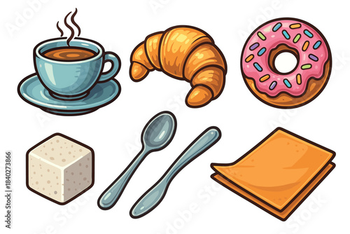 Breakfast coffee donut croissant and sweet treats assortment presented as a charming cartoon illustration for a delightful morning.