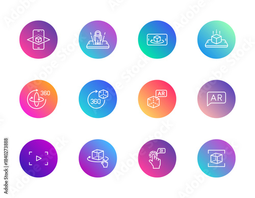 AR, VR, interaction. Vector set of 12 round gradient icons featuring mobile AR, 360 view, object placement, scanning, and geolocation for immersive and augmented reality design.