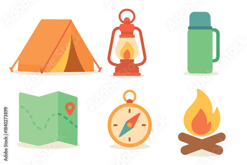 Camping equipment and outdoor adventure gear essentials for a wilderness journey, including a tent, lantern, map, compass, thermos, and campfire.