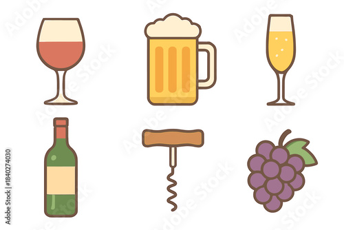Various alcoholic beverages and related accessories are depicted in a collection of colorful, flat-design icons, perfect for menus, websites, or digital illustrations.
