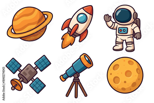 Collection of cartoon space exploration objects including planets, rockets, and astronauts, representing cosmic discovery and scientific adventure.