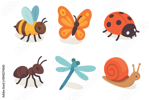 Cartoon insects and bugs collection featuring various garden creatures like a bee, butterfly, ladybug, ant, dragonfly, and snail in a flat vector style.