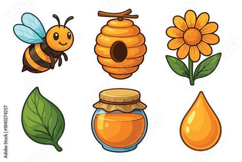 Sweet honey production elements featuring a cute flying bee, a traditional beehive, a vibrant flower, a fresh green leaf, and a delicious golden honey jar with a single drop.