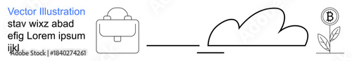 Financial planning, cryptocurrency, business strategy, cloud storage, investment, sustainability. Line art of a briefcase, a cloud and a Bitcoin growth icon. Cryptocurrency and financial planning