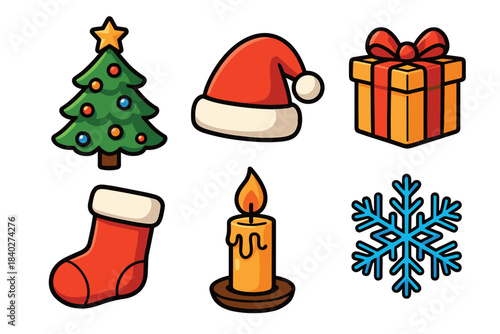 Christmas tree, Santa hat, gift box, stocking, candle, and snowflake icons are essential elements for holiday season celebrations.