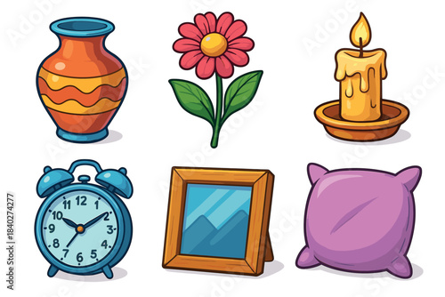 Various everyday objects are depicted in a charming cartoon style, showcasing a collection of common household items with a playful and friendly aesthetic.