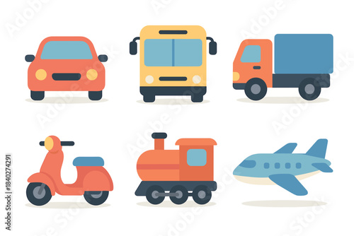 Various colorful cartoon vehicles and transportation modes including a car, bus, truck, scooter, train, and airplane, presented in a simple flat design.