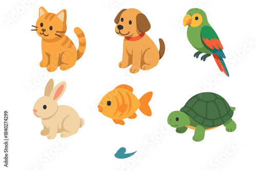 Cute cartoon pet animals including a cat, dog, parrot, rabbit, goldfish, and turtle are depicted in a charming and colorful illustration.