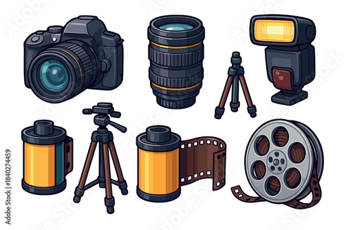 Photography equipment collection featuring various camera gear and accessories including a DSLR, lens, flash, tripod, and film rolls for creative projects.