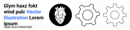 Biomedical science, human-machine interaction, technology innovation, anatomy, engineering, connection. Black heart icon alongside outlined gear symbols. Biomedical science and human-machine