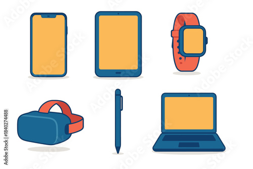 Modern electronic devices set with various digital gadgets including a smartphone, tablet, smartwatch, VR headset, stylus, and laptop, representing connectivity and technology.