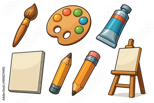 Colorful collection of art supplies including a paintbrush, palette, paint tube, pencils, canvas, and easel for creative expression.