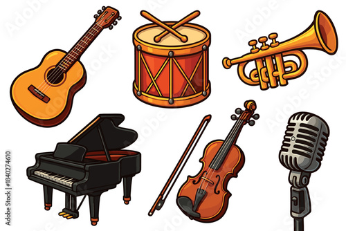 Musical instruments and microphone collection featuring a guitar, drum, trumpet, piano, violin, and vintage mic in a vibrant cartoon style.