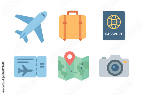 Travel and vacation planning essentials represented by a collection of colorful flat icons including an airplane, suitcase, passport, ticket, map, and camera.