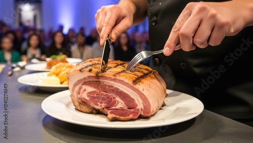 Fototapeta Naklejka Na Ścianę i Meble -  Chef slicing roasted pork belly with crispy skin in front of a d
