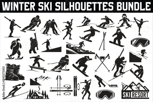 A dynamic collection of Winter Ski Silhouettes featuring skiers in action, including downhill skiing, cross-country skiing, jumping, and freestyle movements.