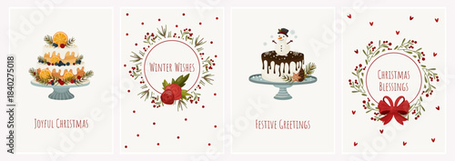Set of Christmas Greeting Cards with Cakes, Wreaths and Holiday Messages. Soft winter style perfect for printing, gift tags, invitations, postcards, packaging, seasonal branding