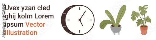 Home decor, minimalism, interior design, time management, nature, modern lifestyles. A wall clock with vibrant indoor plants. Home decor and minimalism are highlighted